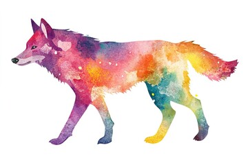 watercolor bright multicolored walking silhouette wolf isolated on white background