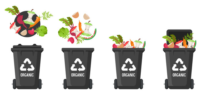 Recycling Bins for organic waste. Container for organic waste. Black trash can. Vector illustration isolated on white background.