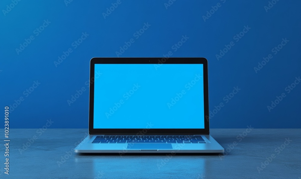 Poster a laptop computer is open on a table with a blue screen