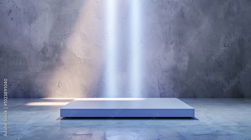 Poster a minimalist display platform with dramatic lighting in an empty room.