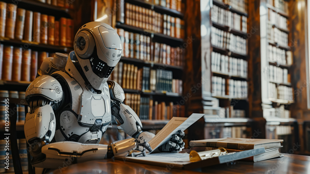 Poster robot is sitting in a library reading a book. the robot is white and has a human-like face. the robo