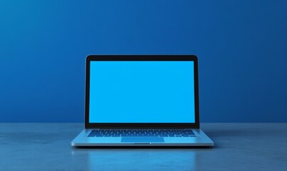 A laptop computer is open on a table with a blue screen