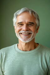 Obraz premium Candid smiling senior Caucasian man, grey hair and joyful smile, a soft pastel green background, creating a warm and inviting social media avatar.