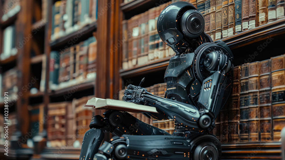 Poster robot is sitting in a library reading a book. the robot is white and has a human-like face. the robo