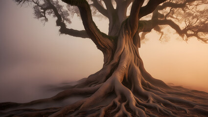 Ancient tree with massive roots disappearing into thick fog with soft light.