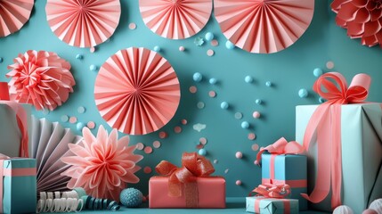 Obraz premium A festive scene with gift boxes wrapped in velvet ribbons and paper decorations on a turquoise background