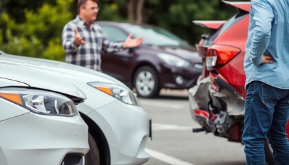 Two drivers engage in a heated conversation after their vehicles collide in a busy parking lot, surrounded by onlookers amidst a bright afternoon