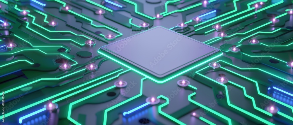 Poster close-up of a circuit board with vibrant neon lights and a central processor.