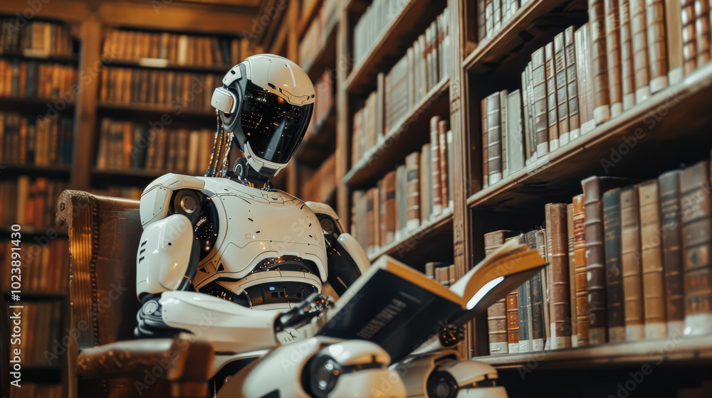 Poster robot is sitting in a library reading a book. the robot is white and has a human-like face. the robo