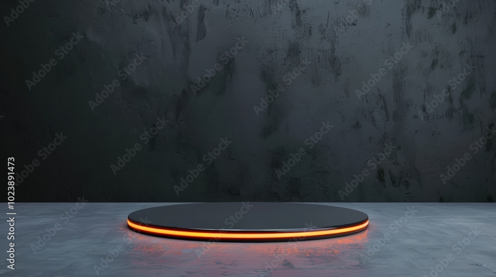 Poster Modern circular platform with glowing edge, minimalist design on dark background.