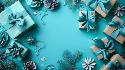 A festive scene with gift boxes wrapped in velvet ribbons and paper decorations on a turquoise background