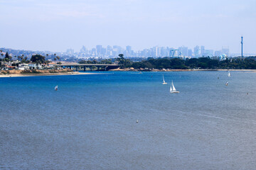 Obraz premium Cityscape of city of San Diego as seen from north side of Mission Bay, California in Summer