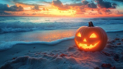 Halloween Themed Pumpkin on the Beach with Ocean View