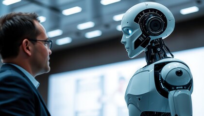 Amidst the buzz of innovation, a man in business attire interacts with a humanoid robot, showcasing cutting-edge technology at a vibrant AI exhibition