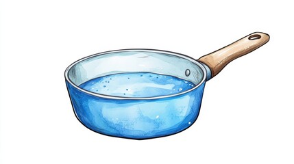 Transparent blue pot with water, wooden handle, on a white isolated background.