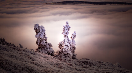 Scenic landscape with a view from a mounatin range to the valley filled with low clouds and fog...