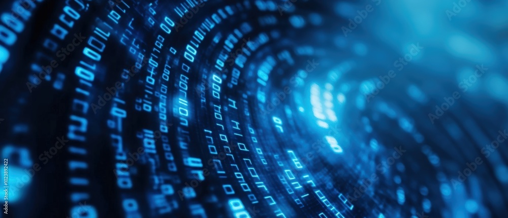 Aufkleber abstract binary code flowing in a digital landscape with vibrant blue tones.
