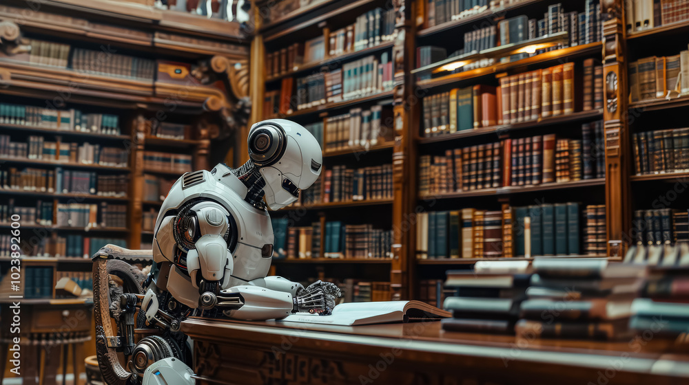 Poster robot is sitting at a desk in a library, reading a book. the robot is white and has a robotic appear