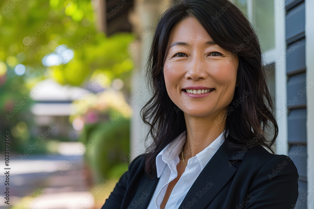 Wall mural smiling middle aged asian female realtor standing outdoors