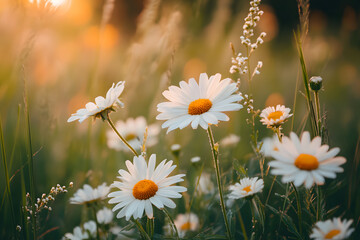 Beautiful daisies blooming in a sunlit meadow, showcasing vibrant floral elements in soft natural tones © HNXS Digital Art