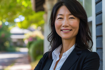 Smiling middle aged Asian female realtor standing outdoors
