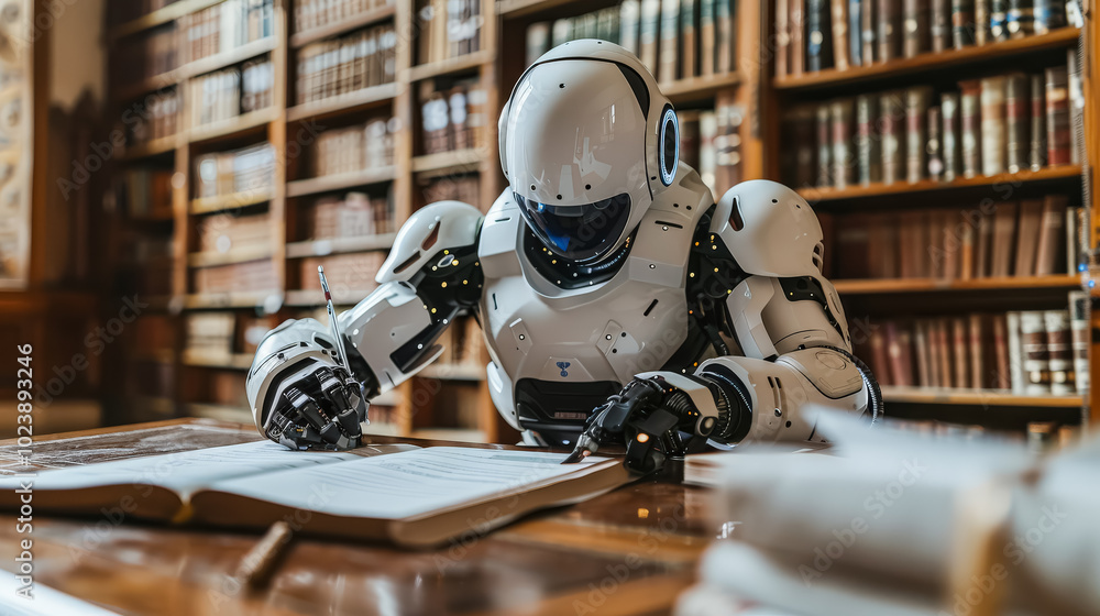Poster robot is sitting at a desk in a library, reading a book. the robot is white and has a robotic appear