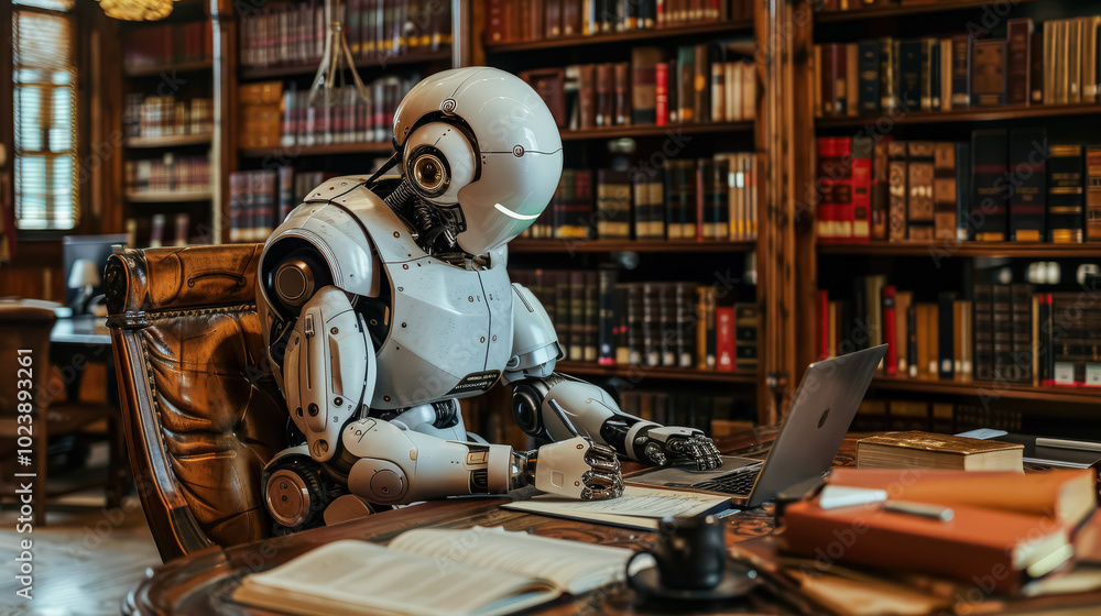 Poster robot is sitting at a desk in a library, reading a book. the robot is white and has a robotic appear