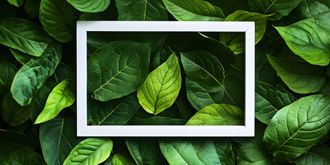 White square frame on leaves background, advertising concept on green eco background. fresh leaves. nature. fashionable stylish minimalist poster