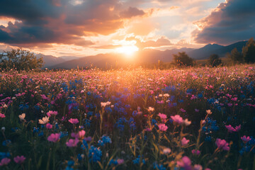 Majestic Sunrise Over a Vibrant Wildflower Field in Soft Pastels and Blooms