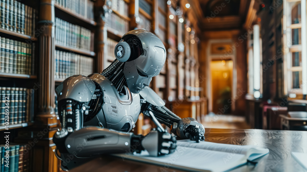 Poster robot is sitting at a desk and writing on a piece of paper. the robot is wearing a helmet and has a 