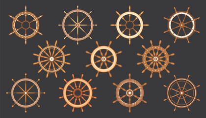 Wooden vintage steering wheels. Ship, sailboat or yacht retro wheel symbol. Brown nautical rudder icon. Marine logotype design element. Vector illustration