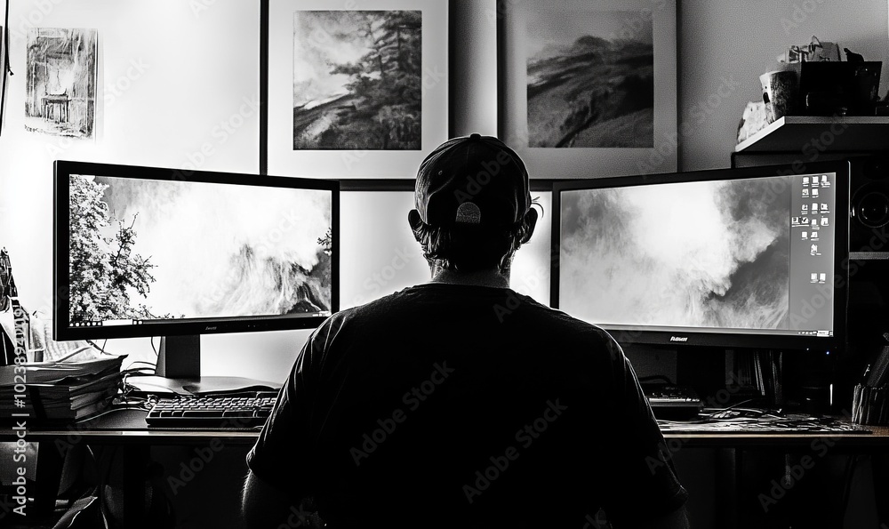 Poster a man is sitting in front of two computer monitors