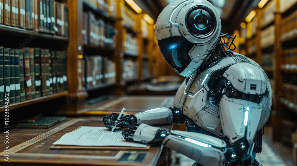 Poster robot is sitting at a desk and writing on a piece of paper. the robot is wearing a helmet and has a 