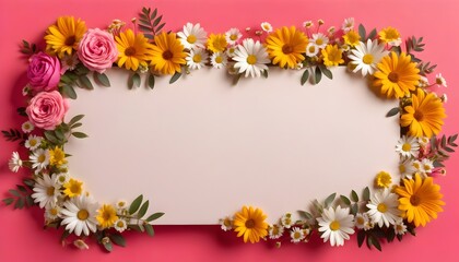 Obraz premium white paper surrounded by pink, white, and yellow flowers on pink