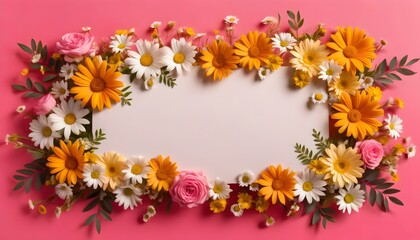 Obraz premium bright floral display surrounding clean white paper on pink surface