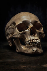 Obraz premium A lone skull positioned against a dark background, embodying an air of mystery and intrigue in its stark and haunting simplicity