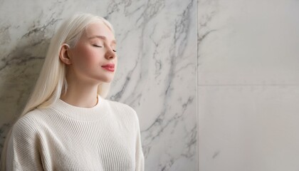 Fototapeta premium Offbeat portrait of a young, tranquil albino woman in a white sweater stands, leaning against a light marble wall, providing copyspace.
