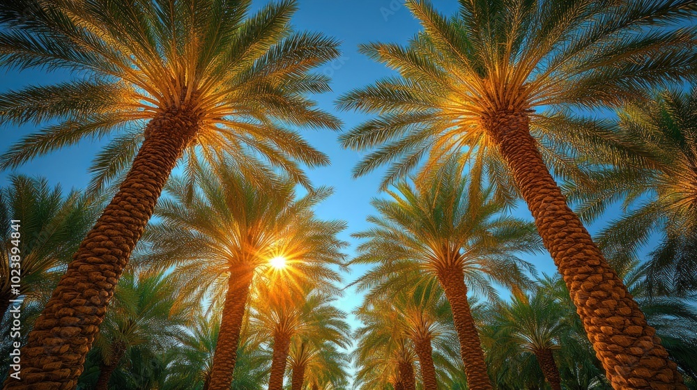 Poster a low angle view of palm trees with the sun shining through the leaves, creating a warm and inviting