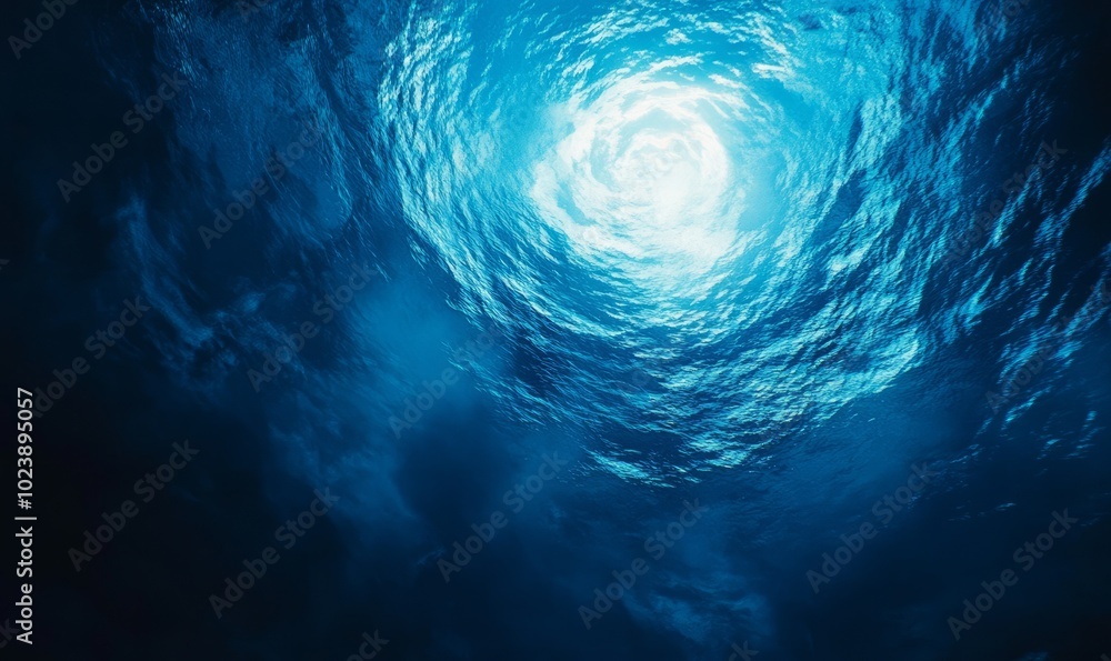 Poster a mesmerizing radial gradient swirling from dark blue to light blue, creating an ethereal underwater