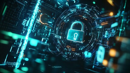 Futuristic Digital Security Concept with Glowing Padlock and Data Flow