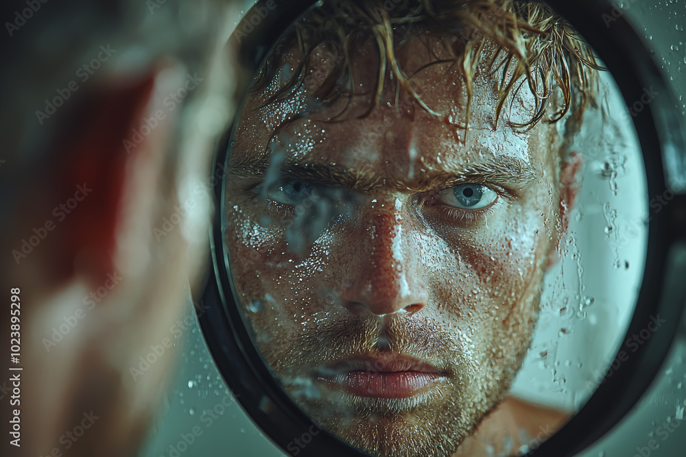 Poster a man looking in the mirror, seeing a distorted reflection of himself, representing body dysmorphia.