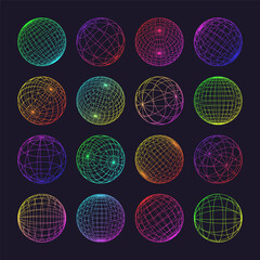 Neon wireframe shapes, lined sphere. Perspective mesh, 3d grid. Low poly geometric elements. Retro futuristic design elements, y2k, vaporwave and synthwave style. Vector illustration