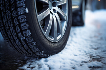 Winter tires on snow. Detail of car tires on the road covered with snow.