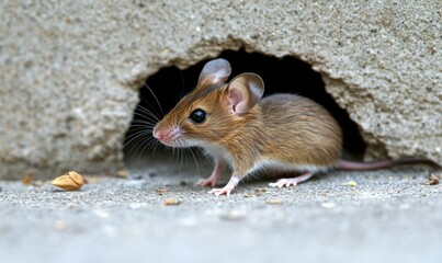 A mouse explores a hole in a wall, standing upright in anticipation