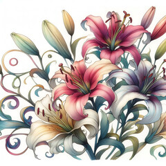 background with lilies, set of garden autumn flowers, watercolor floral
bouquet of flowers