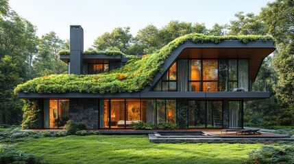 Modern, eco-friendly home with a green roof and large windows, blending seamlessly with the surrounding forest.