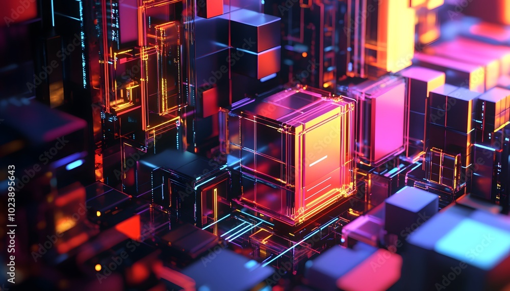 Poster vibrant abstract 3d technology background featuring luminous cubes and intricate circuitry in vivid 