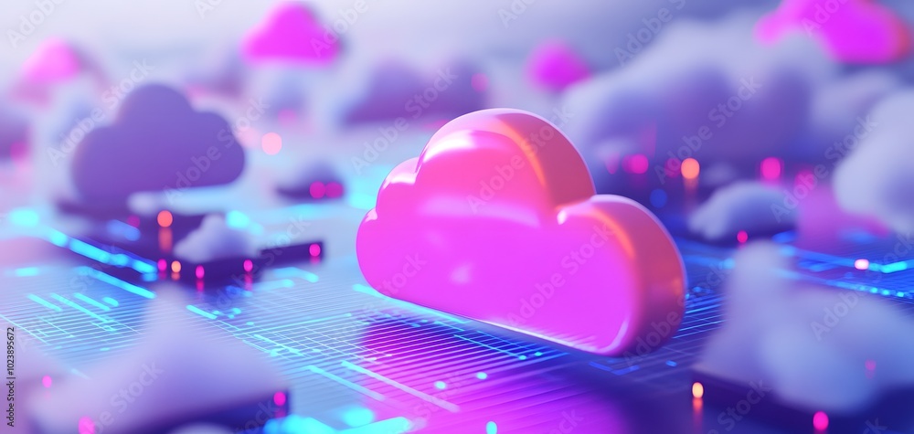 Poster vibrant digital cloud representing technology and innovation, surrounded by colorful clouds and data