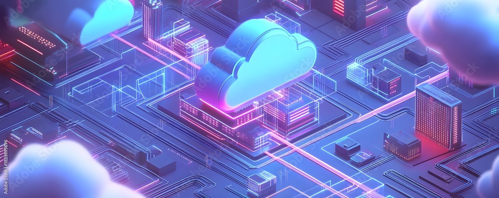 Poster vibrant digital illustration of cloud computing technology with abstract circuit patterns and neon l