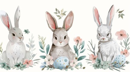 Fototapeta premium Adorable bunnies with floral wreaths and decorated eggs, vector illustration on white